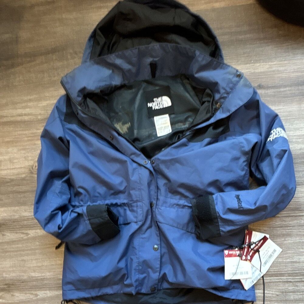 The North Face HyVent Women's M Blue Black Hooded Mid-Length Jacket Zip Snap